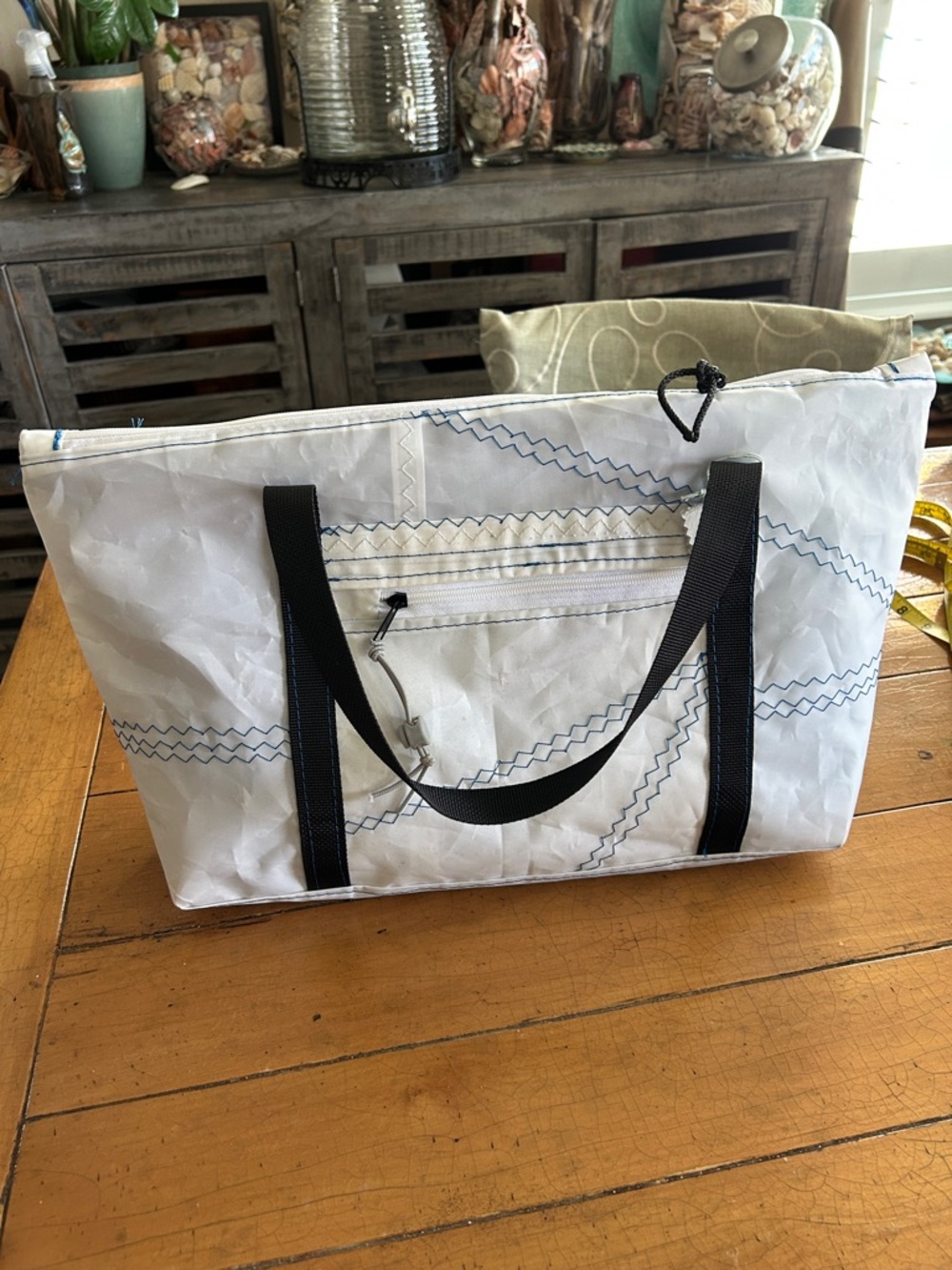 100% handcrafted lightweight Sailcloth Tote Bag with Zigzag Stitch Detailing